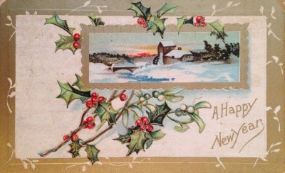 画像1: フランス カード New year 柊 宿木 エンボス 1909年 