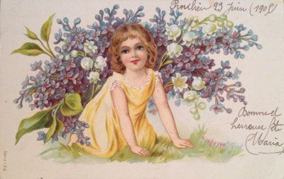 画像1: ドイツ カード 少女 鈴蘭 勿忘草 エンボス 1905年