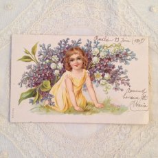 画像1: ドイツ カード 少女 鈴蘭 勿忘草 エンボス 1905年 (1)