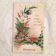 画像1: フランス 教会カード ツバメ 薔薇 ドライフラワー 1891s (1)