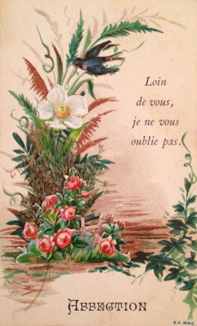 画像1: フランス 教会カード ツバメ 薔薇 ドライフラワー 1891s