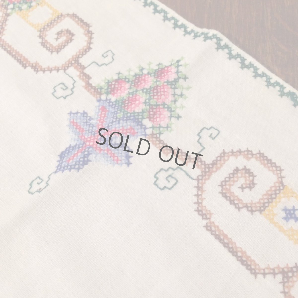 画像8: テーブルリネン 生成り クロスステッチ グリーン/イエロー/茶 (8)