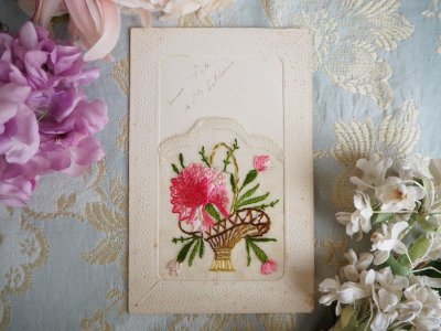 画像1: 花刺繍カード／ピンク花籠