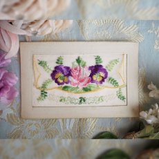 画像1: 薔薇とパンジーの刺繍のカード/封筒形 (1)