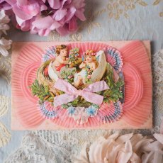 画像1: ピンクのプリーツリボンと天使とお花のクロモカード (1)