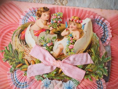 画像1: ピンクのプリーツリボンと天使とお花のクロモカード