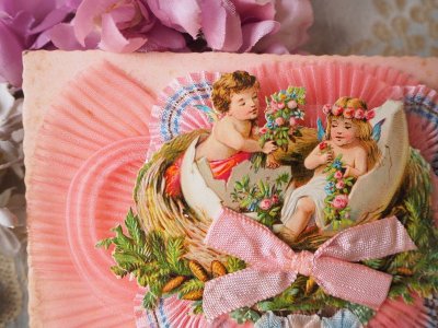 画像2: ピンクのプリーツリボンと天使とお花のクロモカード