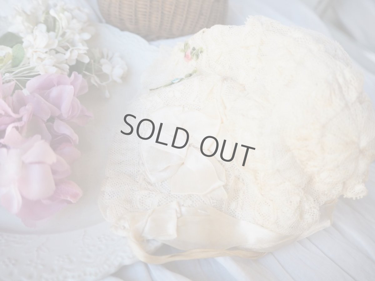 画像9: ロココリボンと段々レースフリルのベビーボネ／シルクライナー (9)