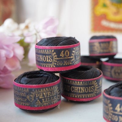 画像1: Chinois糸巻き 黒いリネン糸/デッドストック品