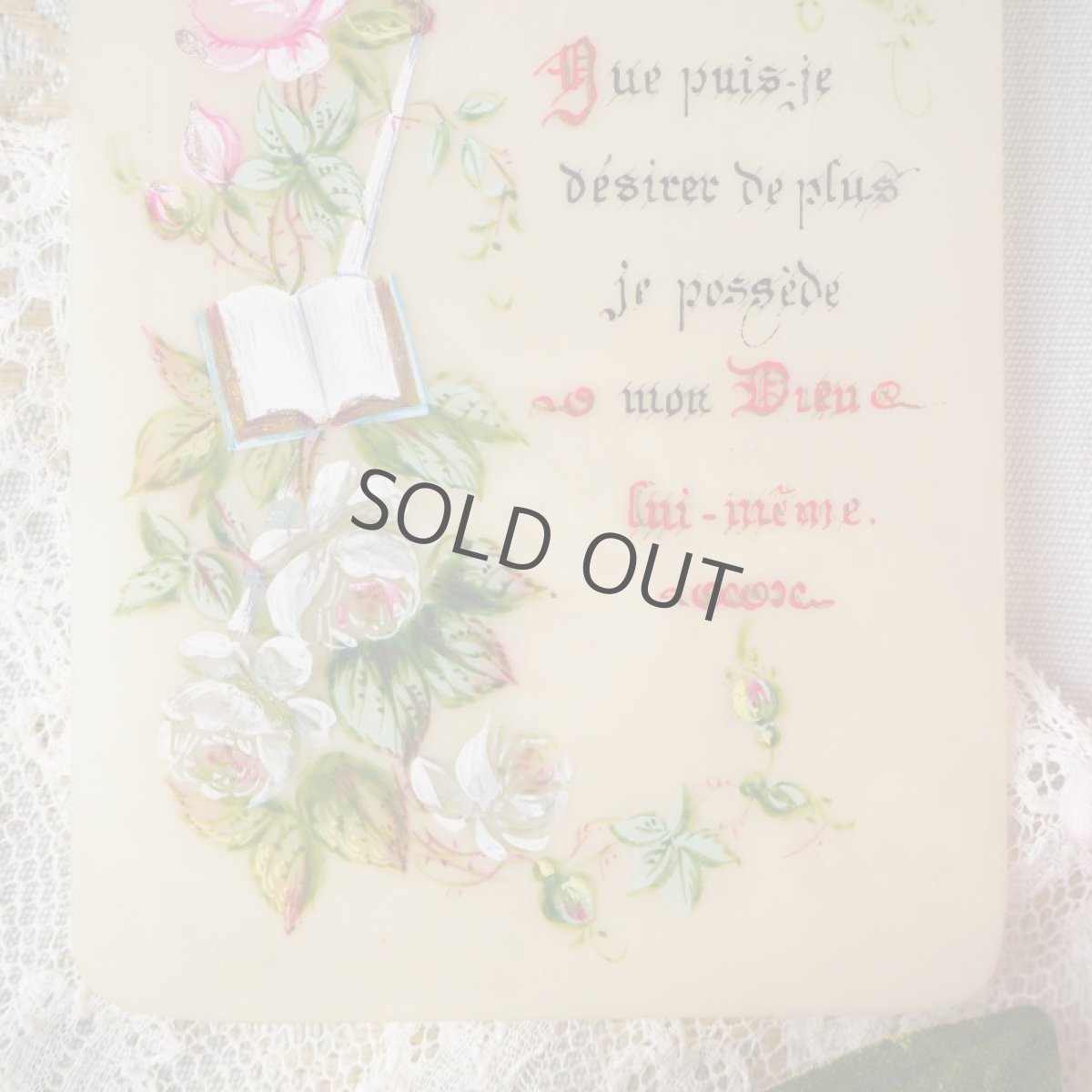 画像3: 古いセルロイド製手描きの繊細な教会カード 薔薇と聖書 (3)