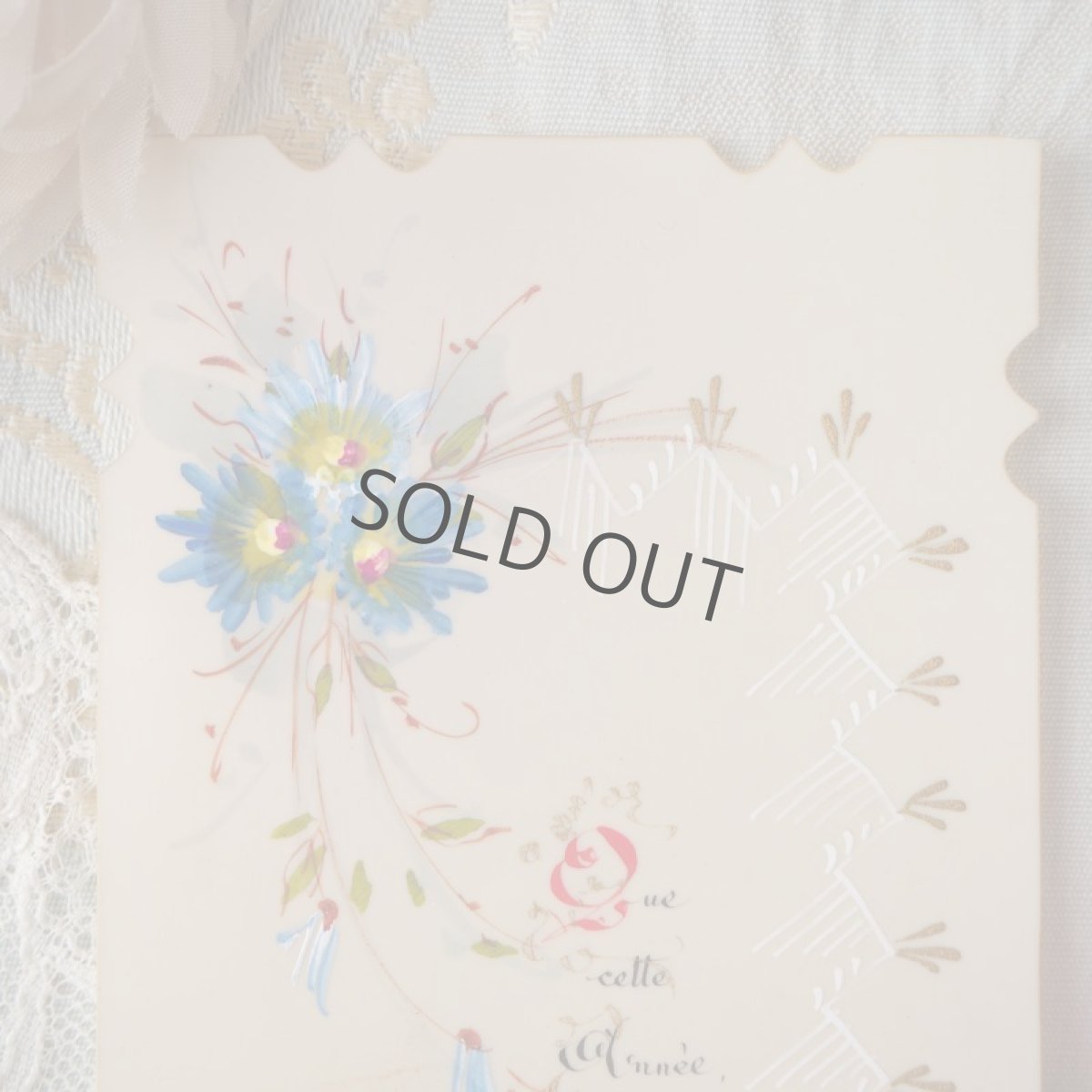 画像2: 古いセルロイド製手描きの教会カード　繊細な青い花と文字 (2)