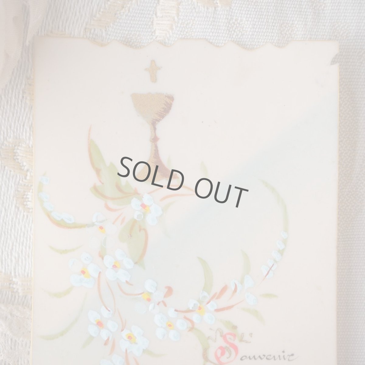 画像2: 古いセルロイド製手描きの教会カード 聖杯と小花と文字 (2)