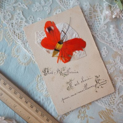 画像1: 白いボネと蝶の羽根飾りのカード