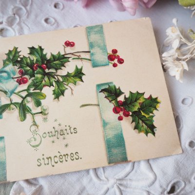 画像1: 柊とヤドリギと青いリボンのクリスマスカード/エンボス加工
