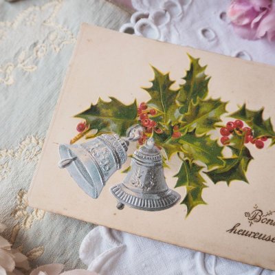 画像1: 柊と銀の鐘のクリスマスカード/エンボス加工