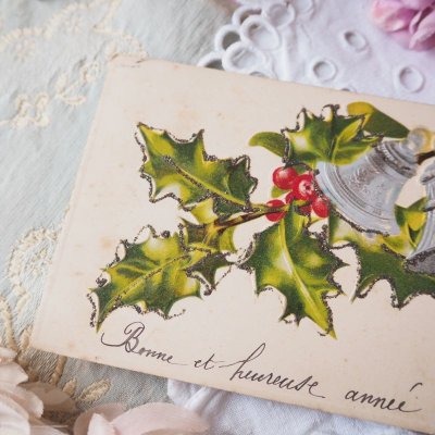 画像1: 柊と銀の鐘のクリスマスカード/メタルインクエンボス加工