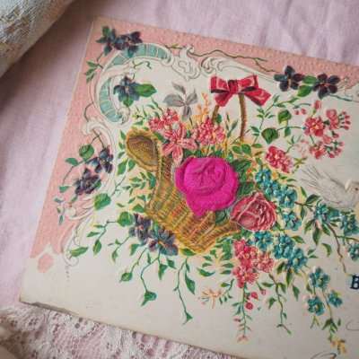 画像1: ピンクの薔薇と花籠、鳩のカード