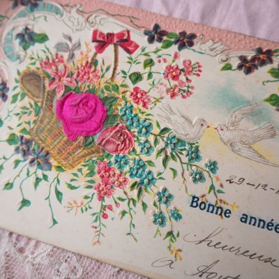 画像2: ピンクの薔薇と花籠、鳩のカード