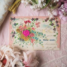 画像1: ピンクの薔薇と花籠、鳩のカード (1)