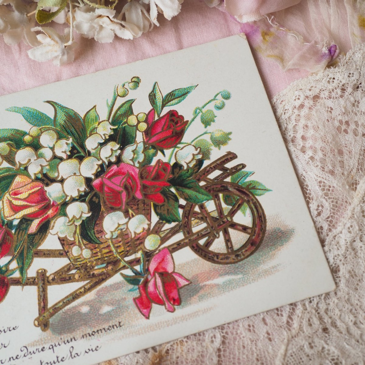 画像3: 鈴蘭と薔薇の花車のポストカード/金彩縁加工 (3)