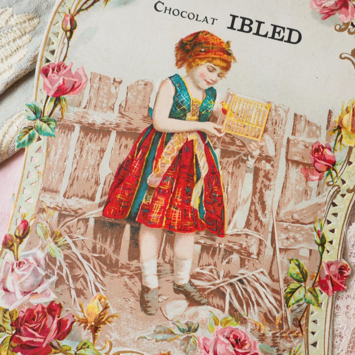 画像12: 鳥籠を持つ少女IBLED/チョコレート広告クロモカード (12)