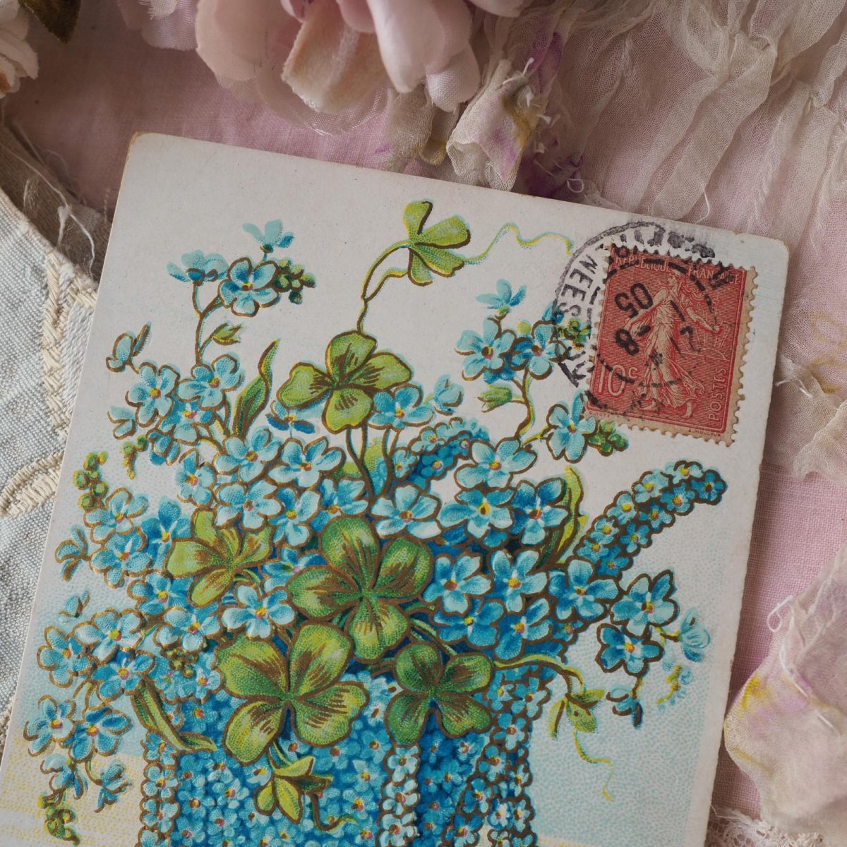 画像2: クローバーと勿忘草の花車のカード (2)