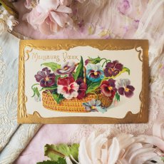 画像1: パンジーの花籠パニエゴールドエンボスのカード (1)