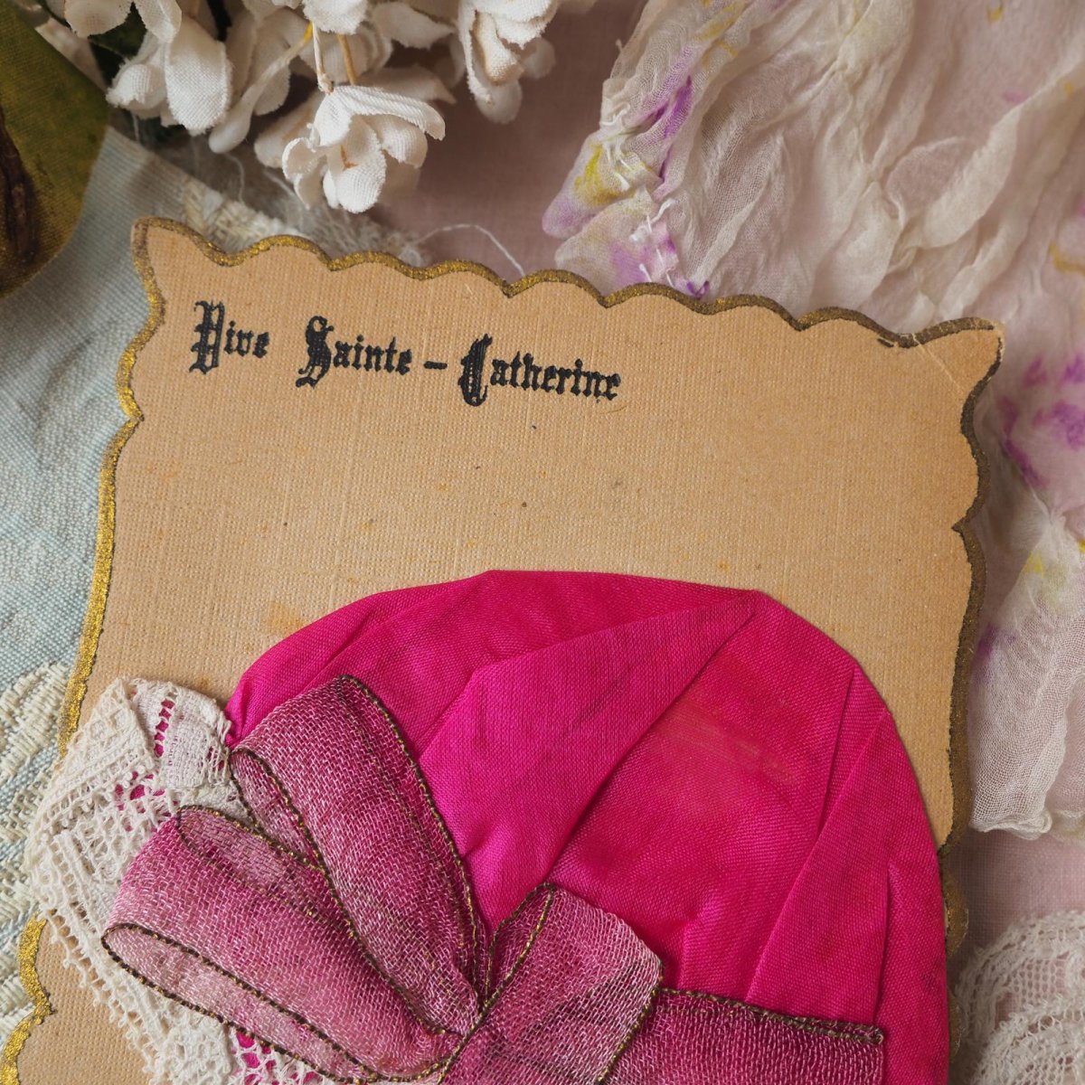 画像2: ピンク色の大きなボネとレースリボン飾りのボネカード (2)