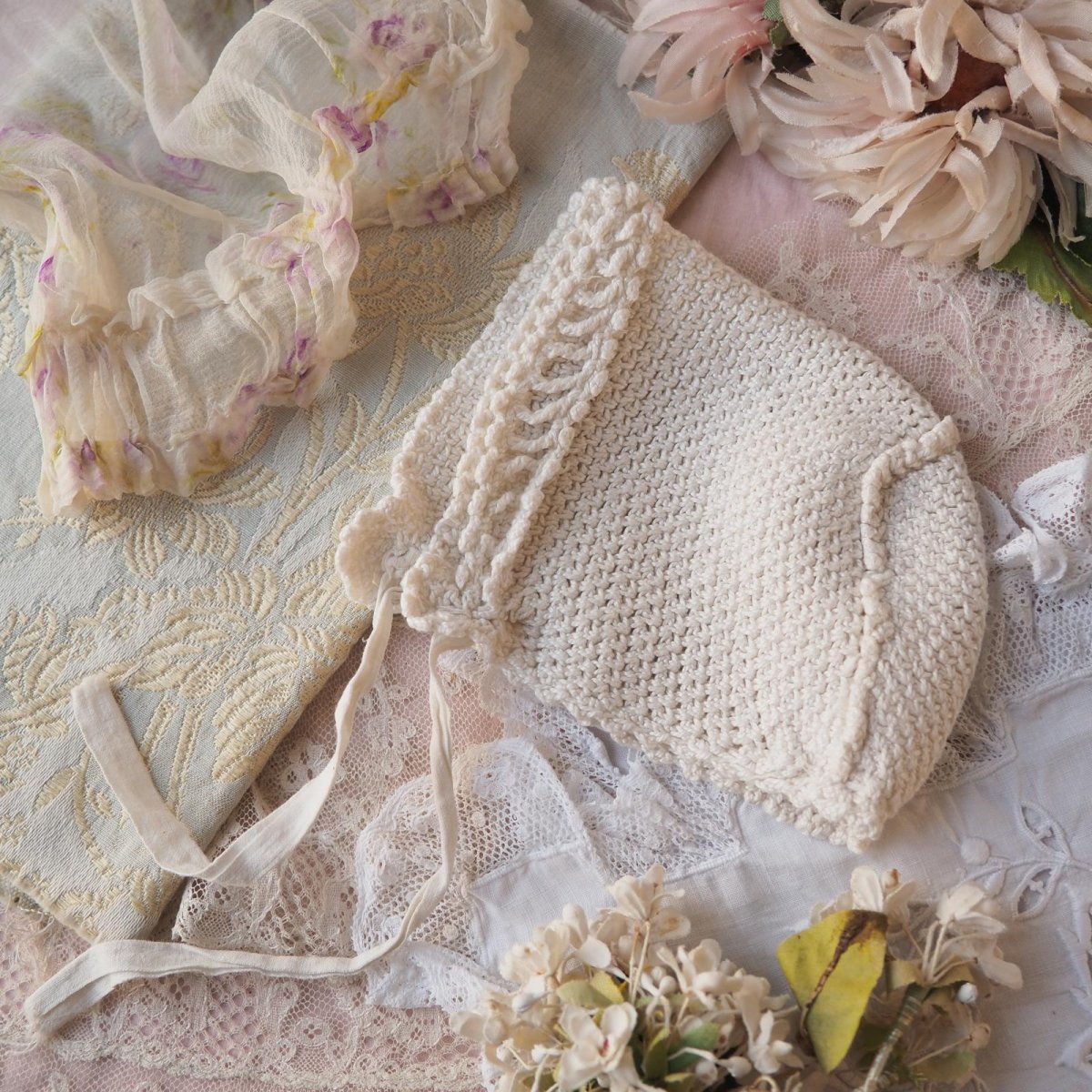 画像1: ベビーorドール用ボネ、クロシェ手仕事 (1)