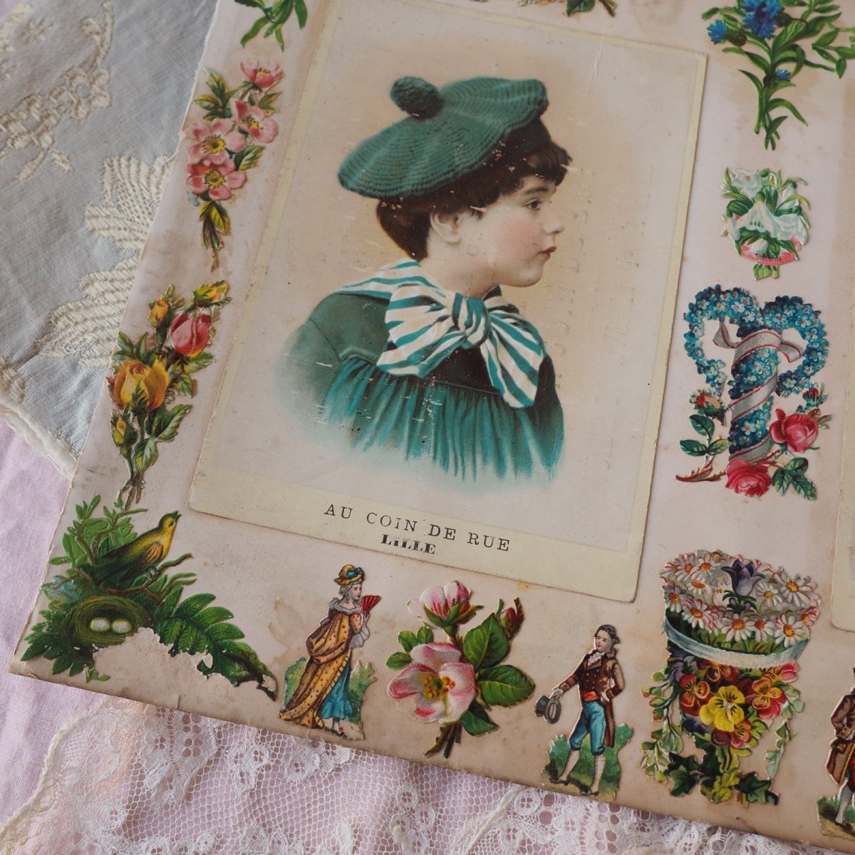 画像3: クロモカードのサンプル帳/少女の肖像画とベビー、すずらん、バラ、小花両面 (3)