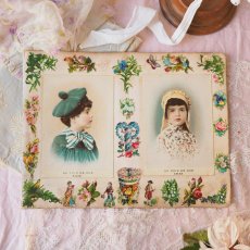 画像1: クロモカードのサンプル帳/少女の肖像画とベビー、すずらん、バラ、小花両面 (1)