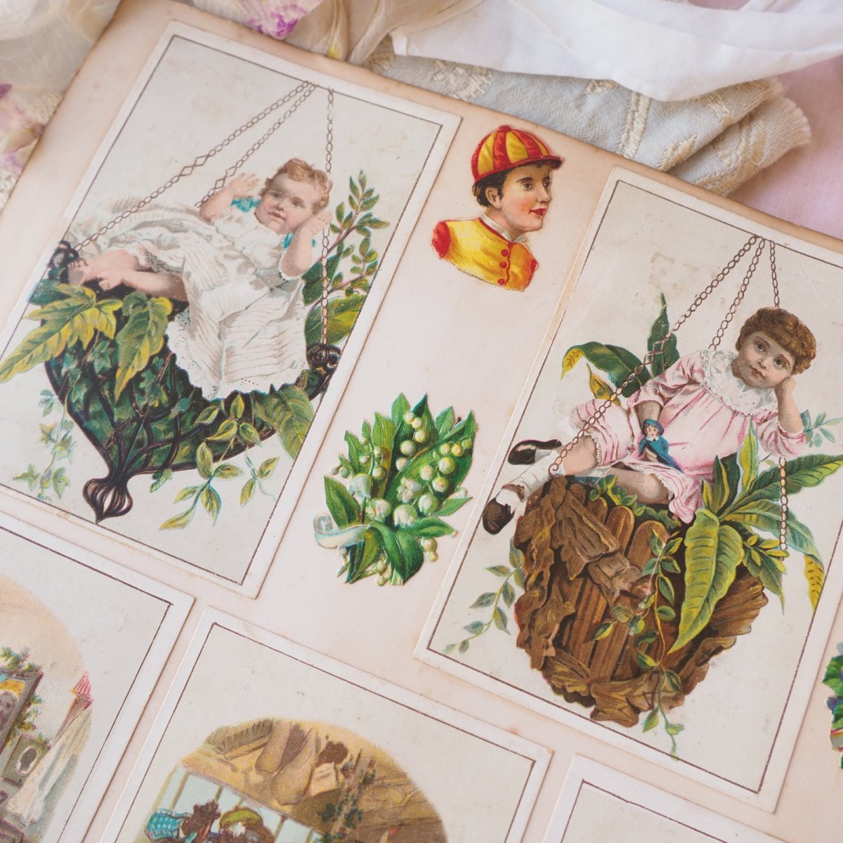 画像7: クロモカードのサンプル帳/少女の肖像画とベビー、すずらん、バラ、小花両面 (7)