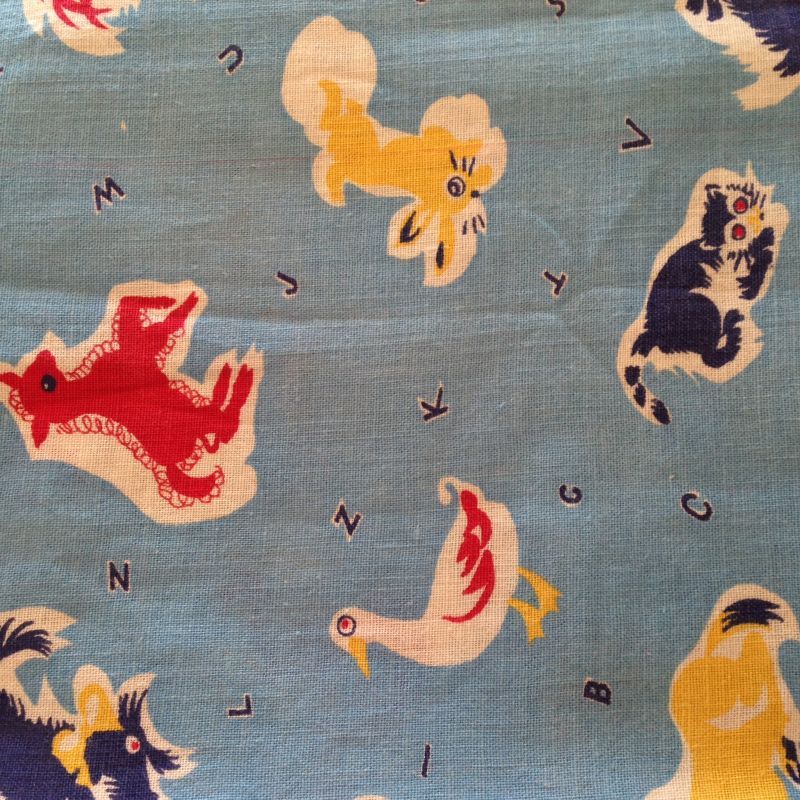フィードサック 布 水色 動物柄 アルファベット 1930年代 アメリカ Mercerie 手芸用品