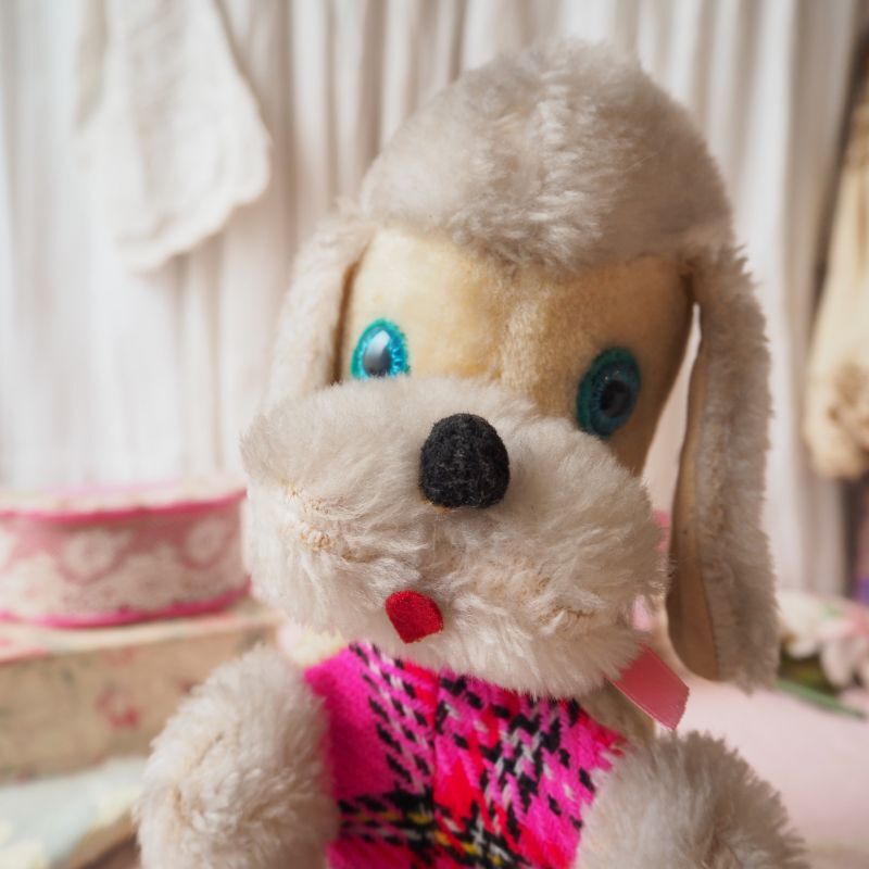 1950年代ベルギー製犬の縫いぐるみ／プードル、ピンクチェック生地 jouet・おもちゃ