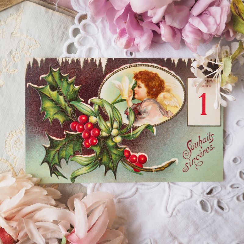 赤い実の柊と天使のクリスマスカード Carte カード