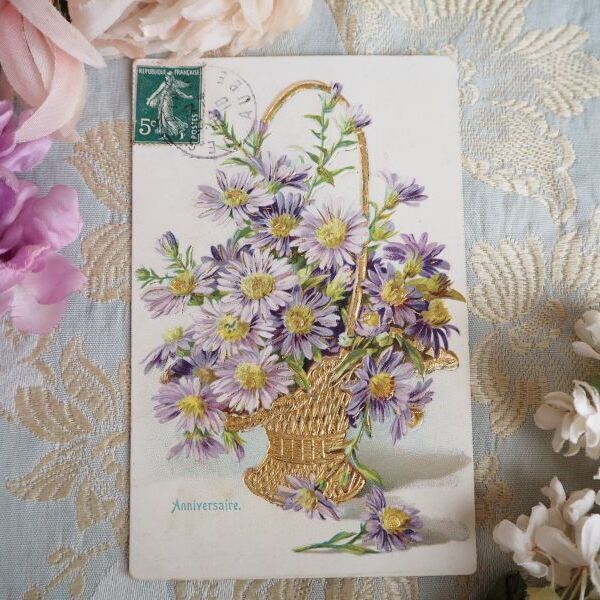 古いポストカード 薄紫の小花と花籠 Carte カード